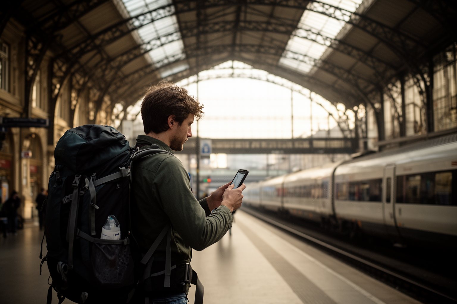 Solo traveler with a backpack checking a phone in a grand European train station