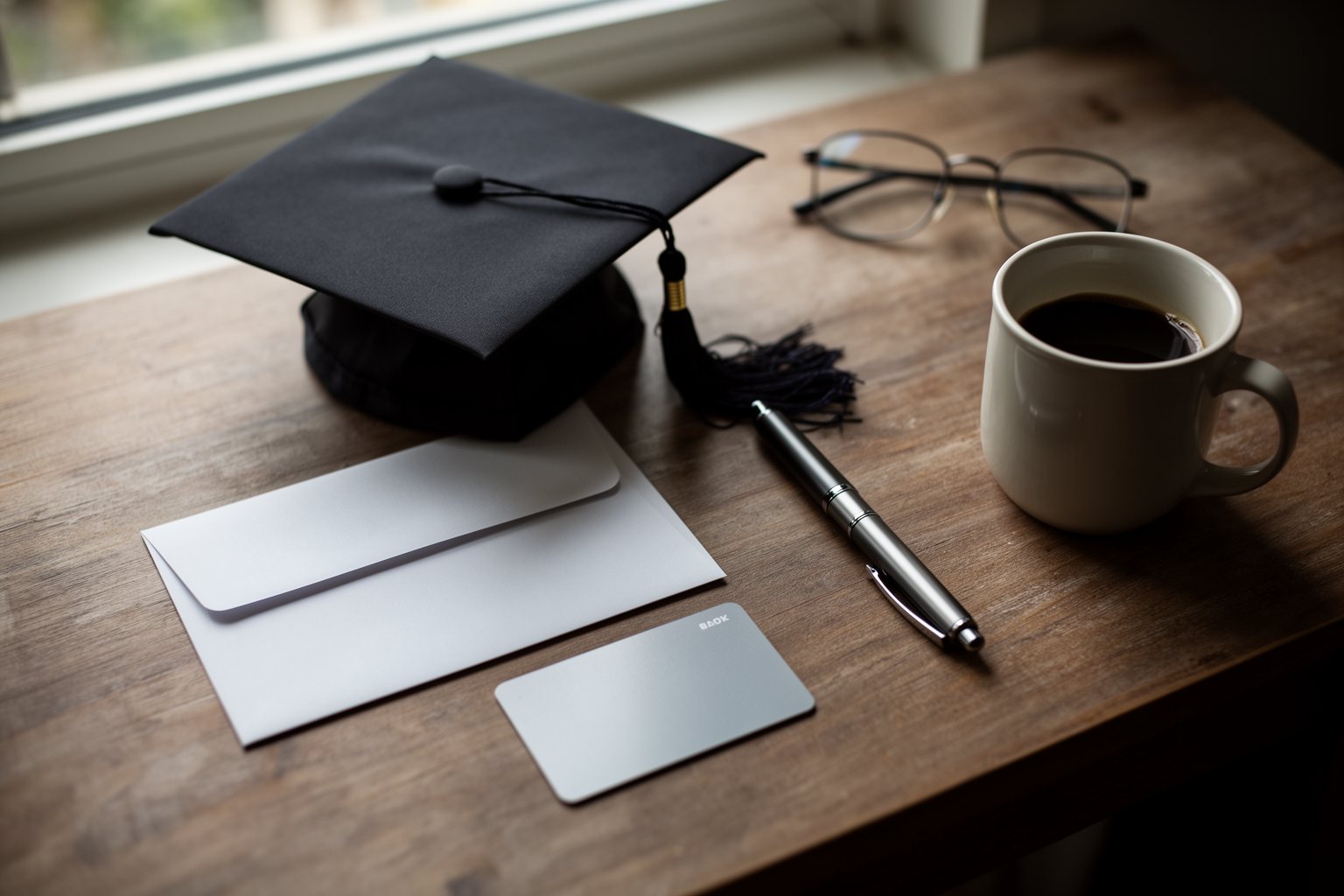 Credit Score vs GPA: Why Your Credit Matters More Graduation cap, bank card and an envelope on a desk with coffee and glasses