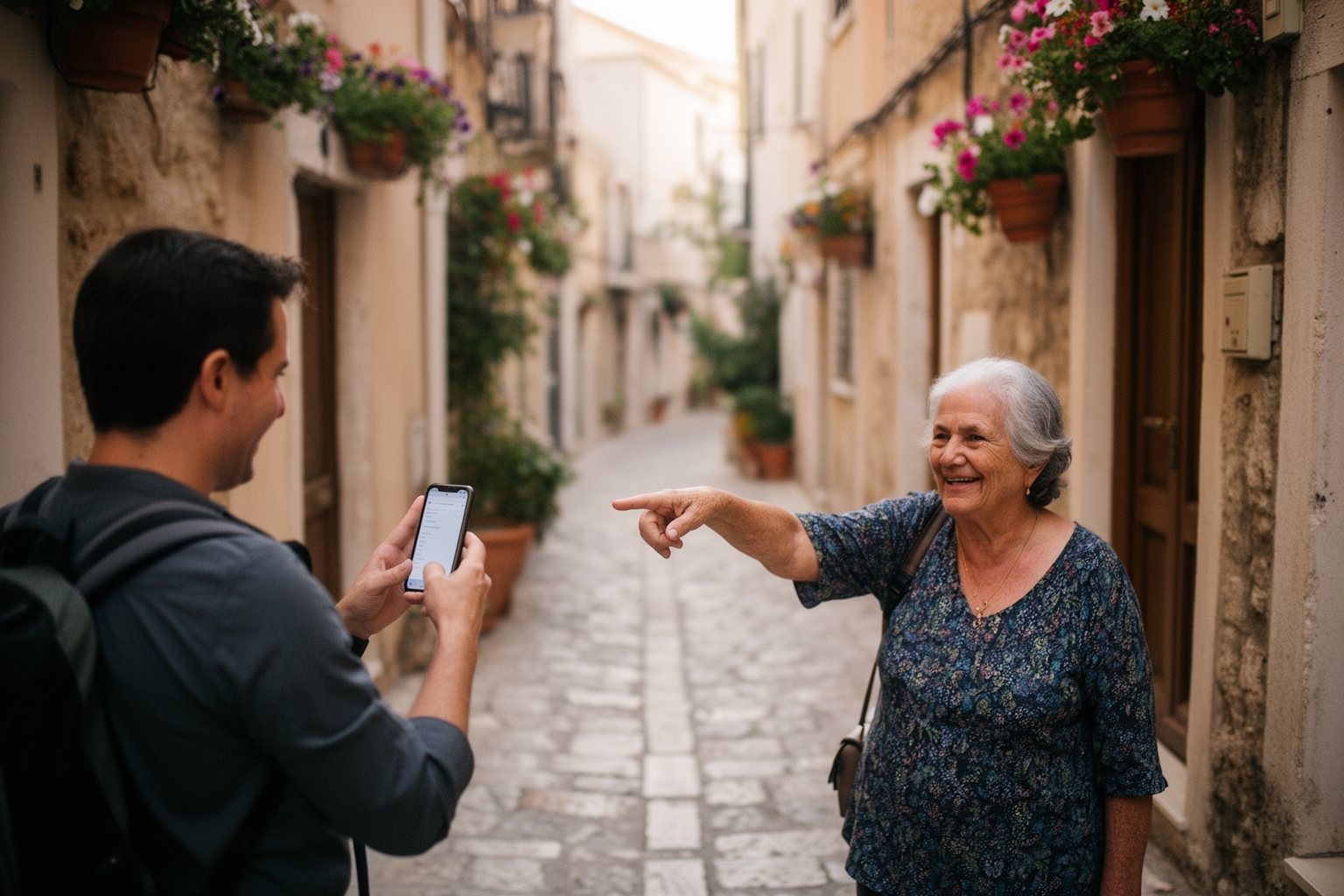Traveler asking a local woman for directions using a phone and gestures
