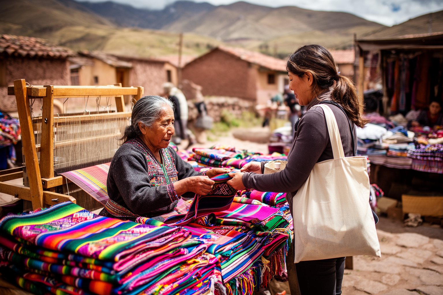 Traveler buying a handwoven textile from a weaver at her village stall