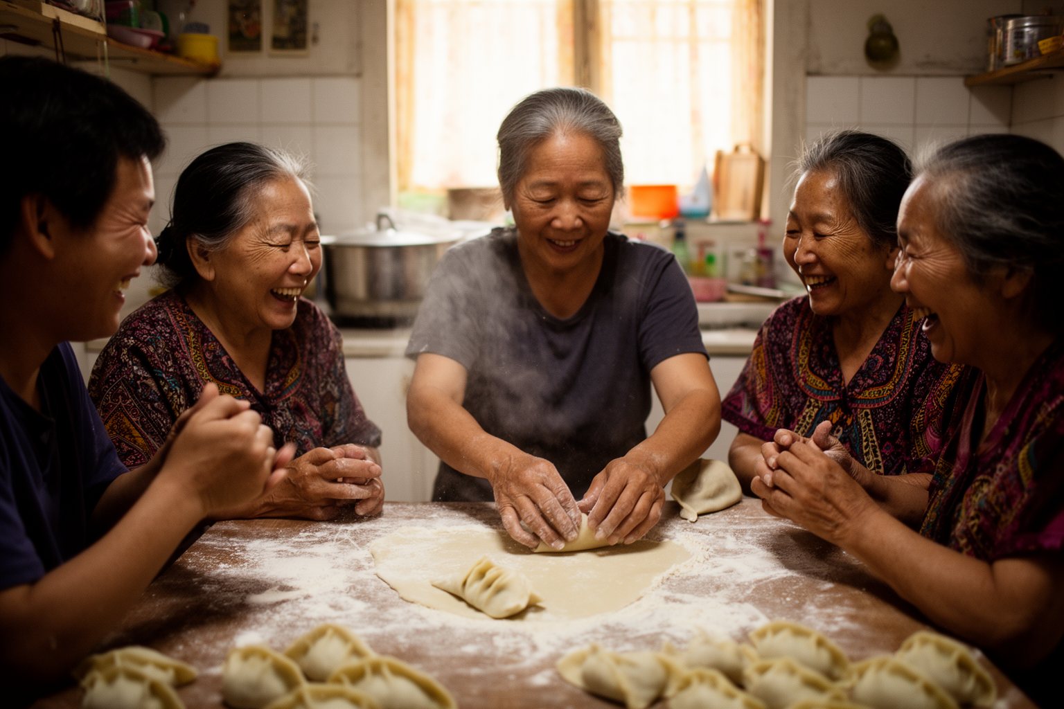 Solo traveler laughing with a local family during a home cooking class