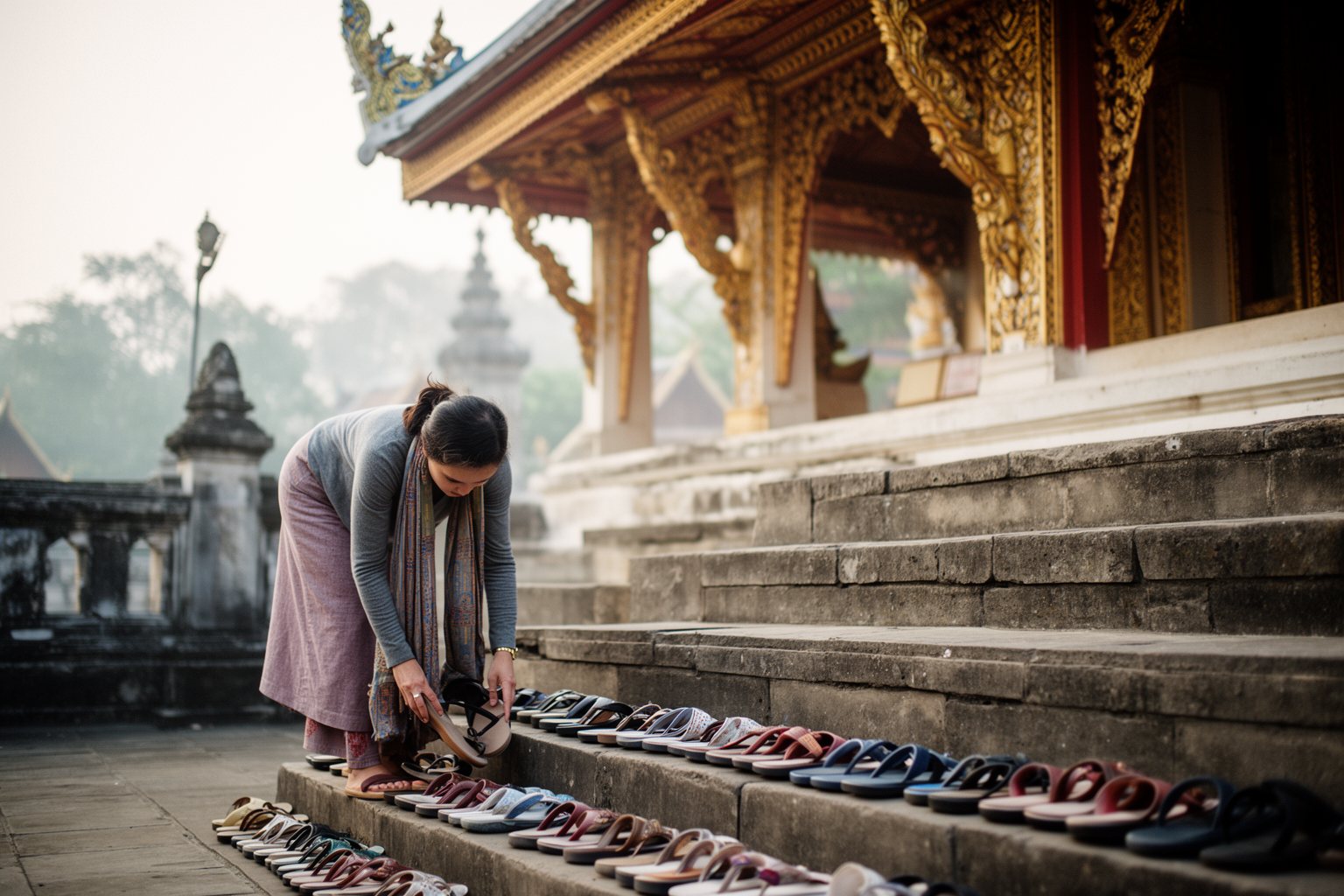 Traveler in modest clothing removing her shoes on temple steps