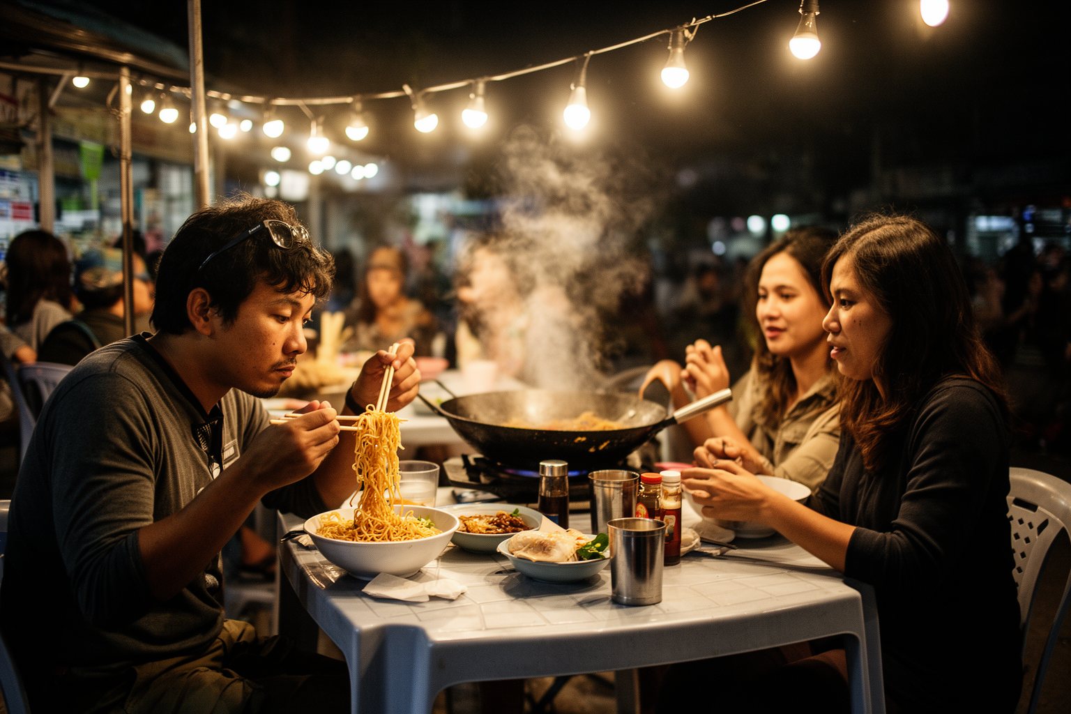 Traveler sharing a table with locals at a street food stall in the evening