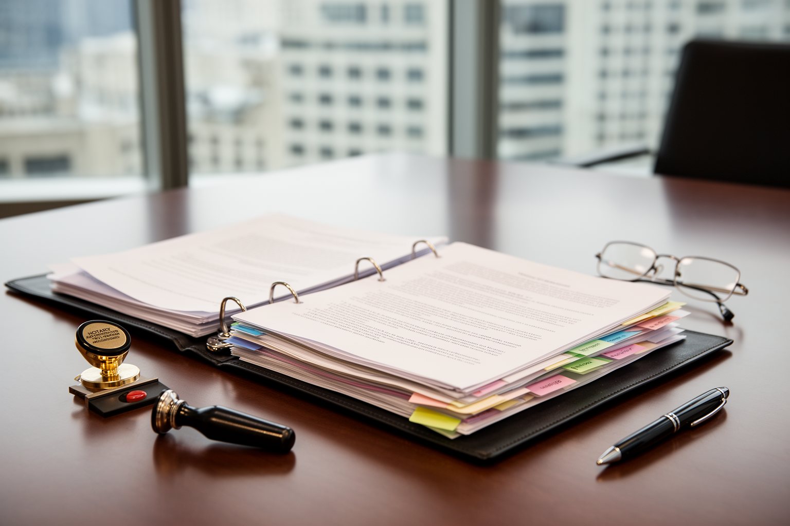 Estate planning binder with trust and power of attorney papers on a conference table