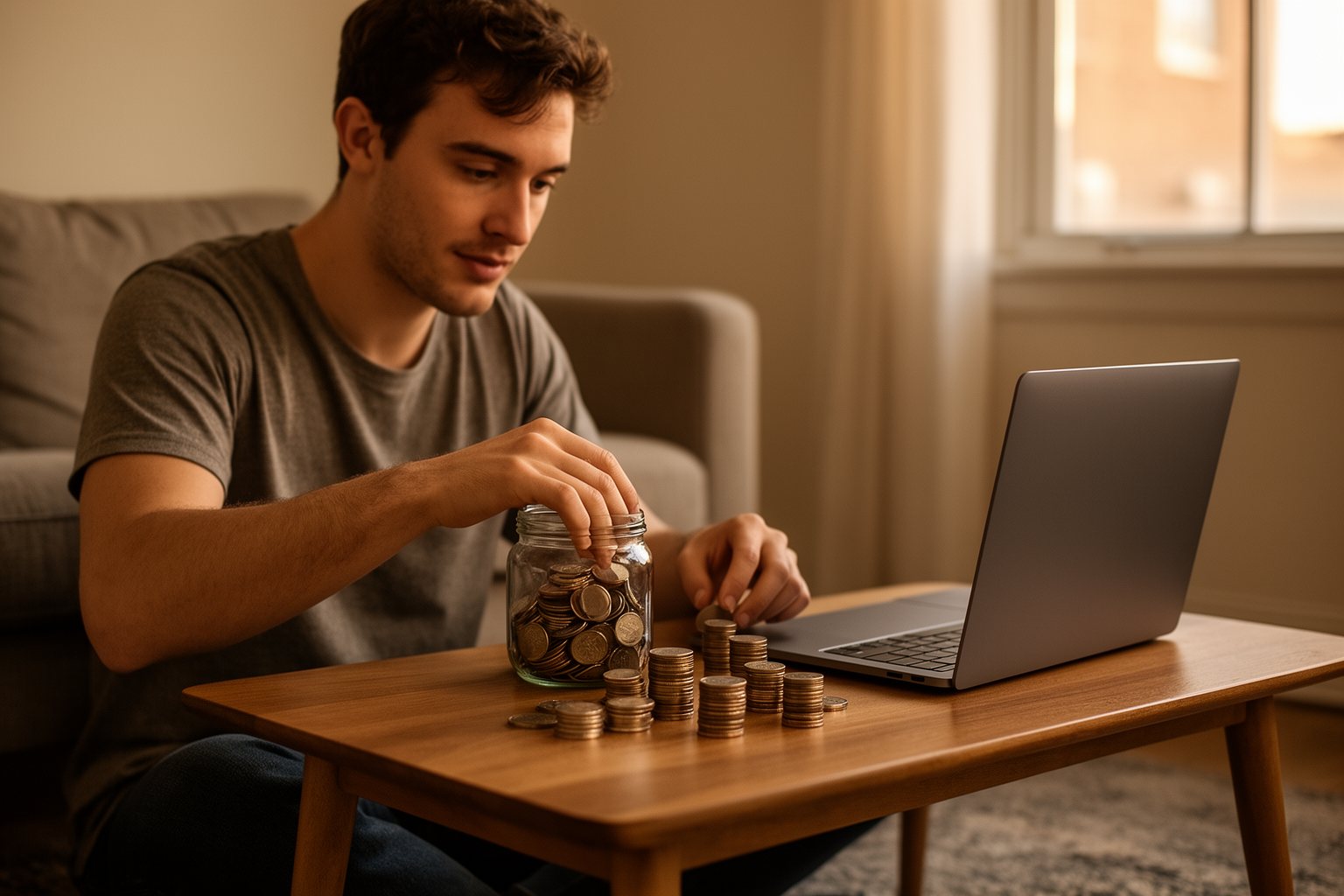 Money Advice for Your 20s: What I Wish I Knew Young man in his 20s sorting his savings at the coffee table of his first apartment