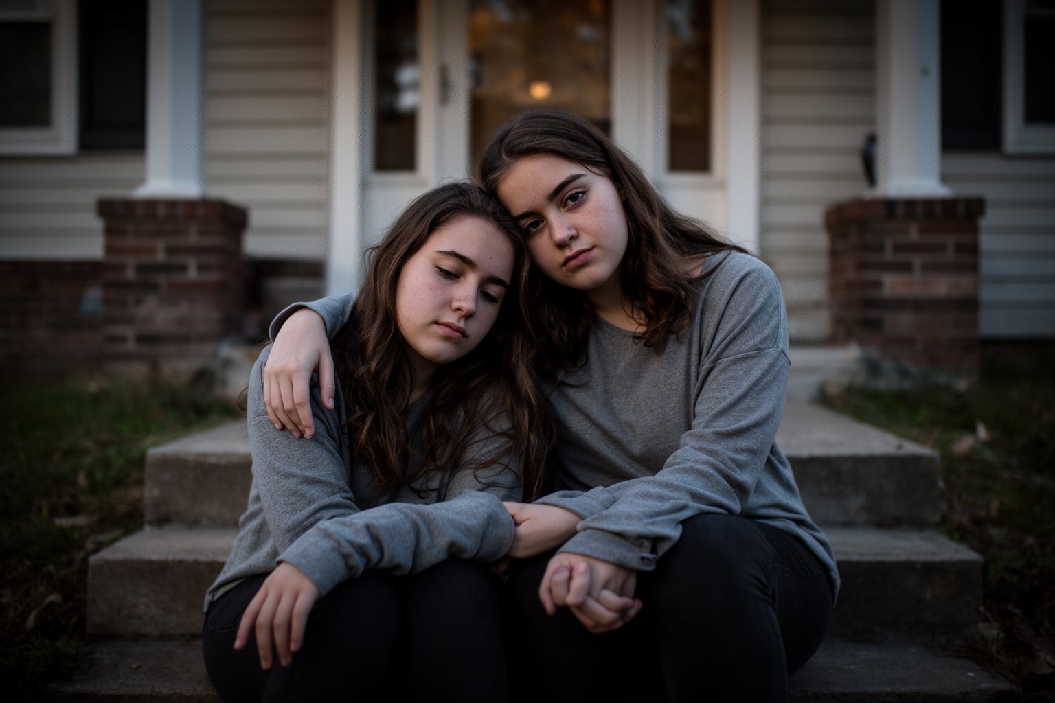 Raising Teenage Twins: The Teen Years and Beyond Young adult twin putting an arm around her sister on the front steps