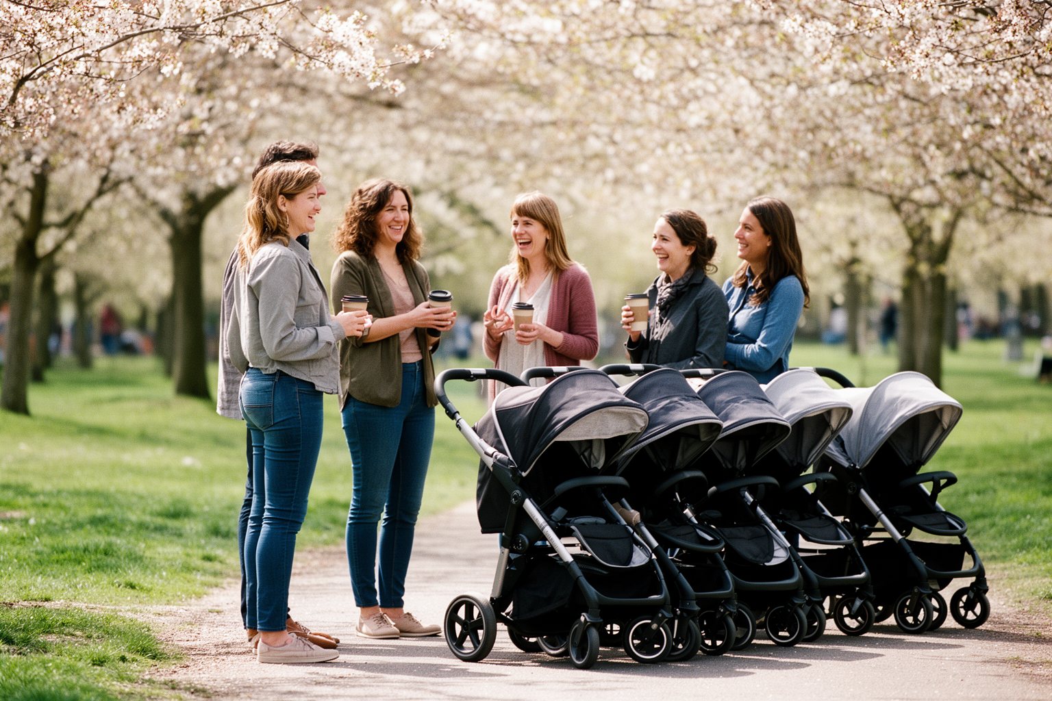 Twin Parenting: The Unexpected Journey of Tears and Laughter Twin parents chatting in a park with their double strollers parked together