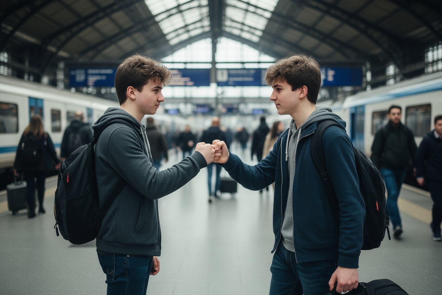 Raising Teenage Twins: The Teen Years and Beyond Young adult twins heading off in different directions at a train station