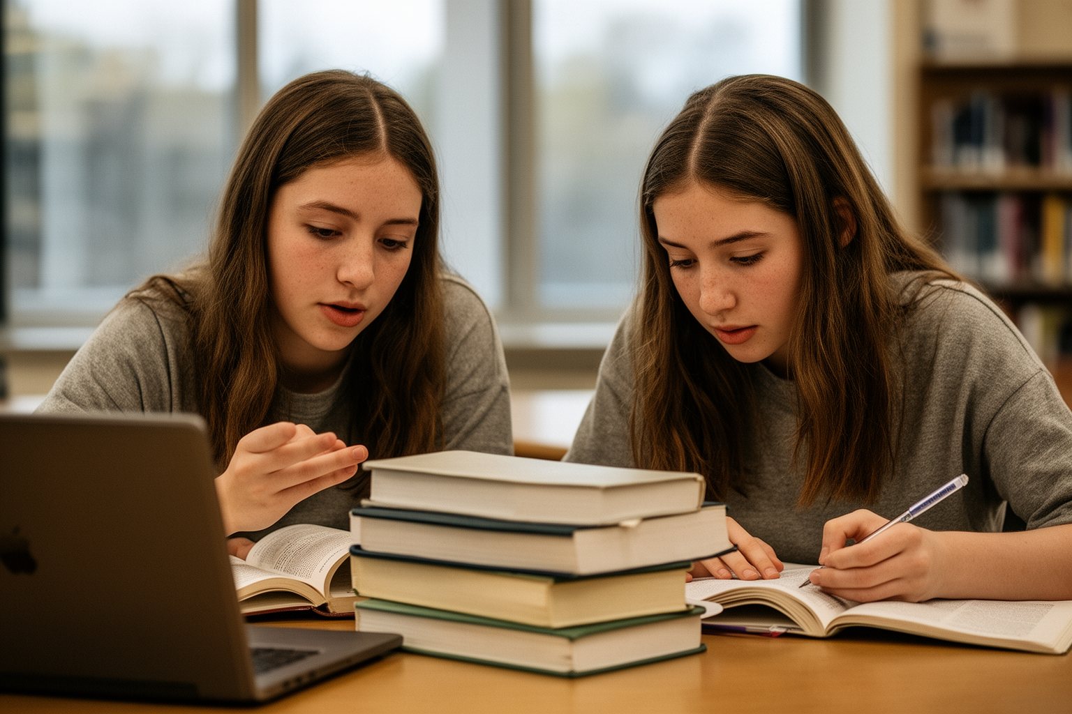 Raising Teenage Twins: The Teen Years and Beyond Young adult twins studying together at a university library table