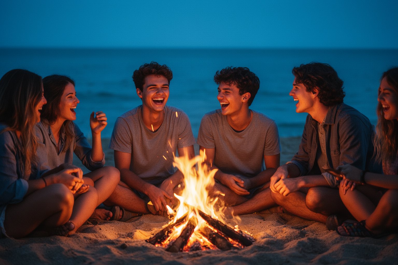 Raising Teenage Twins: The Teen Years and Beyond Young adult twins laughing with friends around a beach bonfire
