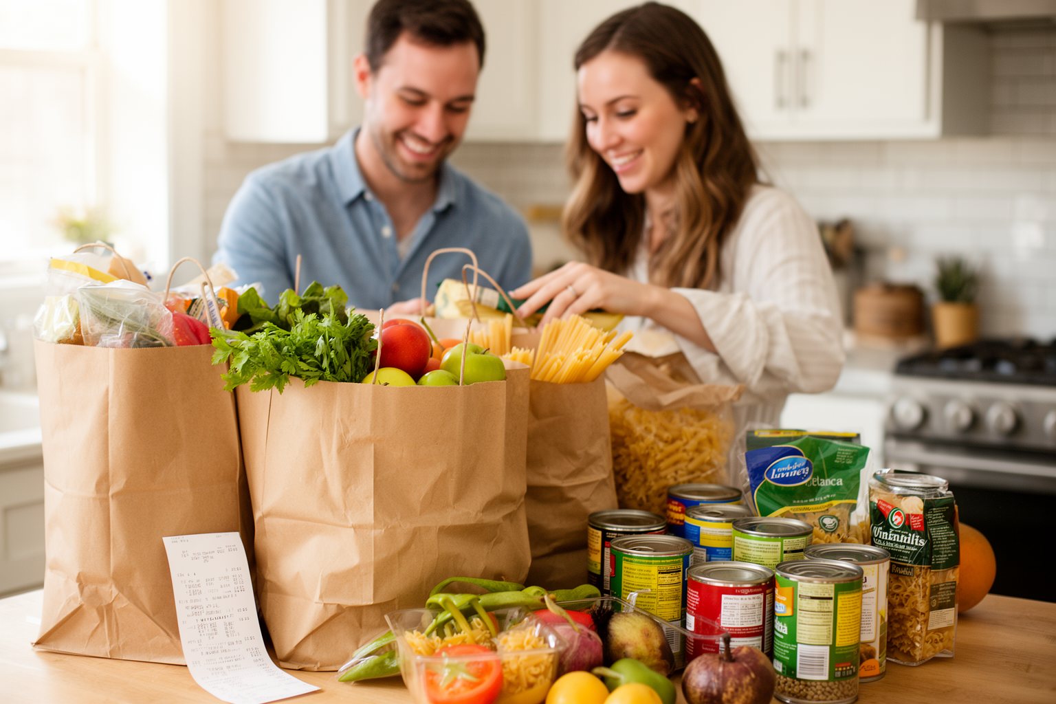 Couple unpacking groceries in the kitchen with a short receipt on the counter