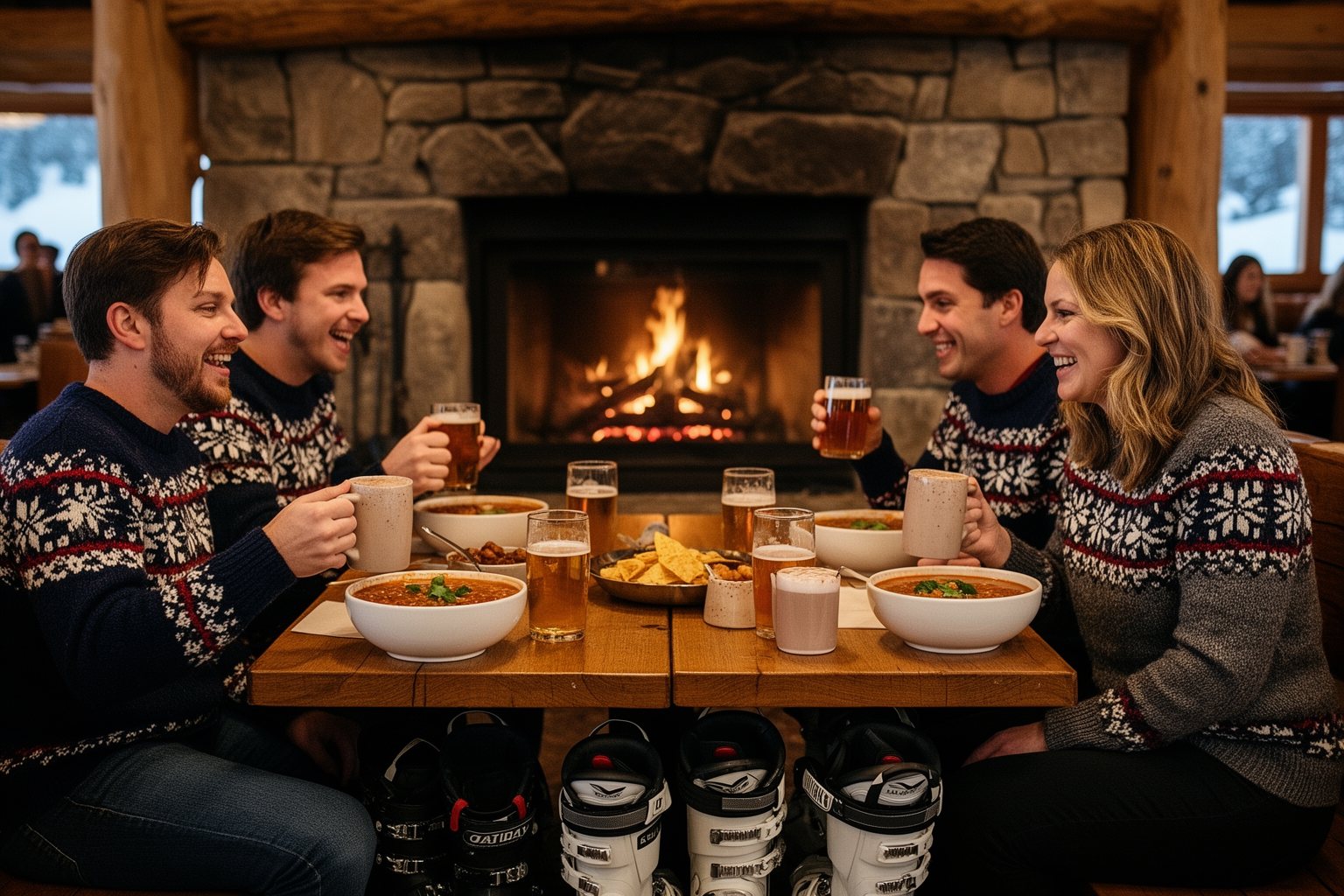 Utah Ski Towns: Park City, Alta, Snowbird and More Friends sharing apres-ski food and drinks by a fireplace in a Utah ski town restaurant