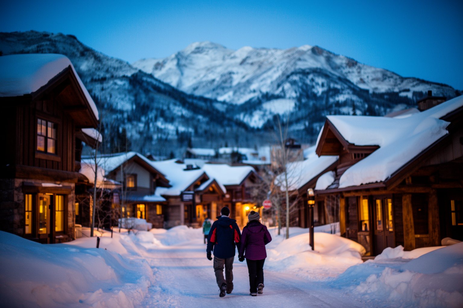 Utah Ski Towns: Park City, Alta, Snowbird and More Snowy mountain village at dusk with warm lit windows, one of Utah's ski towns