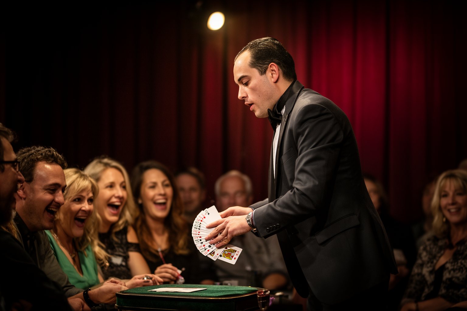 The Complete Guide to Las Vegas Shows Magician fanning cards before an amazed front row at an intimate Las Vegas magic show