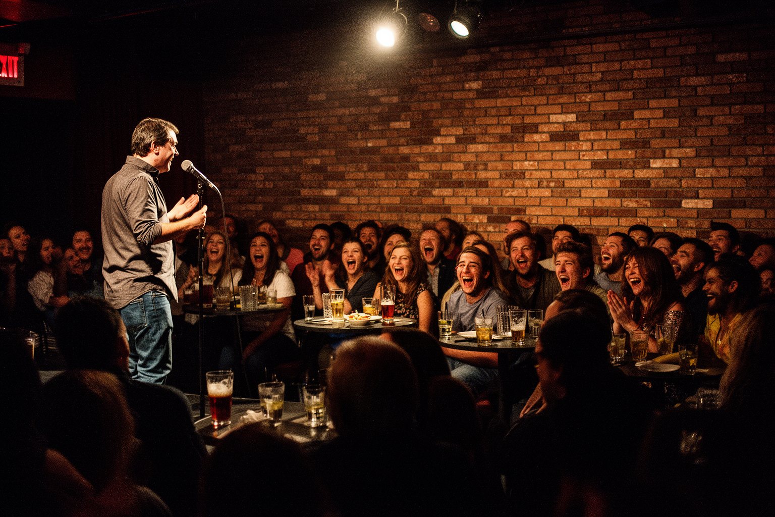 The Complete Guide to Las Vegas Shows Audience laughing at a stand-up comedian in a small, affordable Las Vegas comedy club