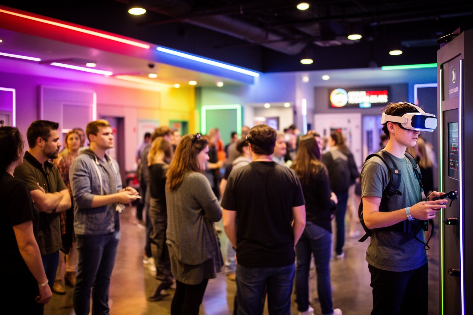 10 Las Vegas Escape Rooms You Absolutely Must Try Groups waiting in the colourful lobby of a Las Vegas entertainment venue with escape rooms and games