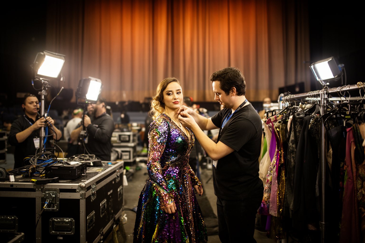 The Complete Guide to Las Vegas Shows Crew and performers preparing costumes and rigging backstage before a Las Vegas show