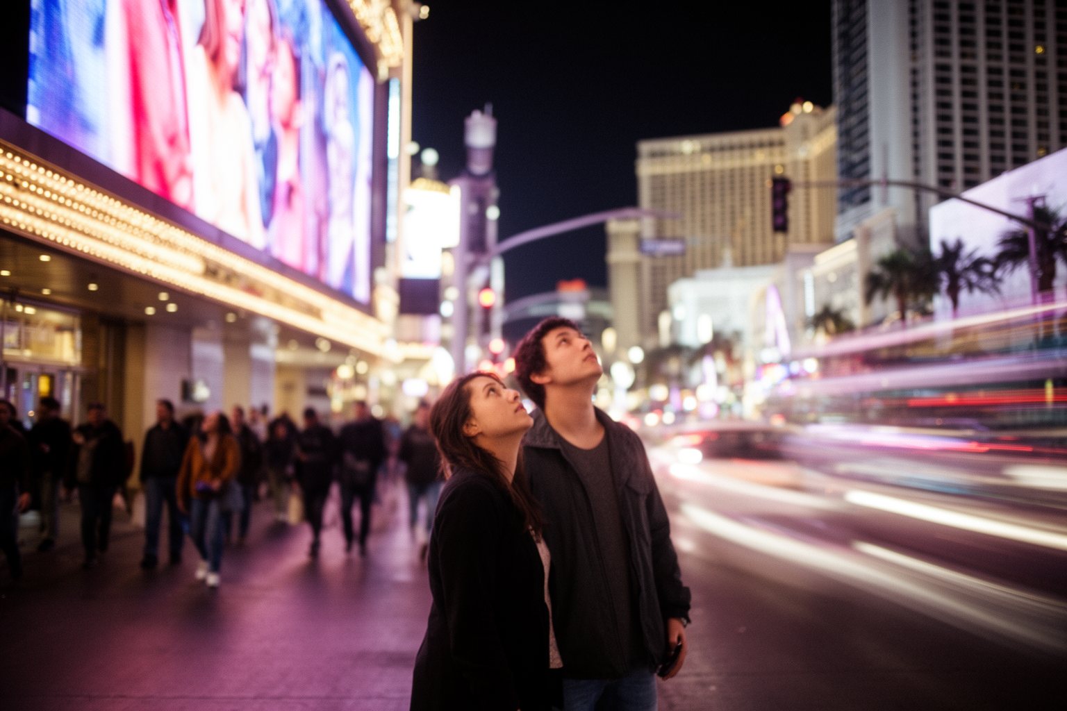 The Complete Guide to Las Vegas Shows Pedestrians walking past glowing show marquees on the Las Vegas Strip at night