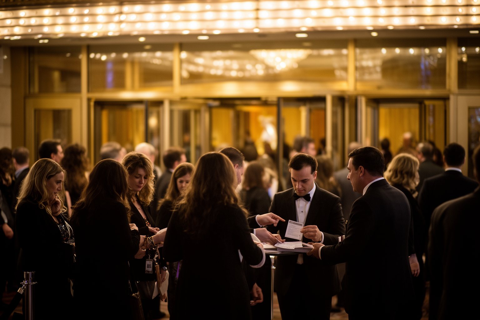 The Complete Guide to Las Vegas Shows Showgoers arriving at a glowing Las Vegas resort theatre entrance at night