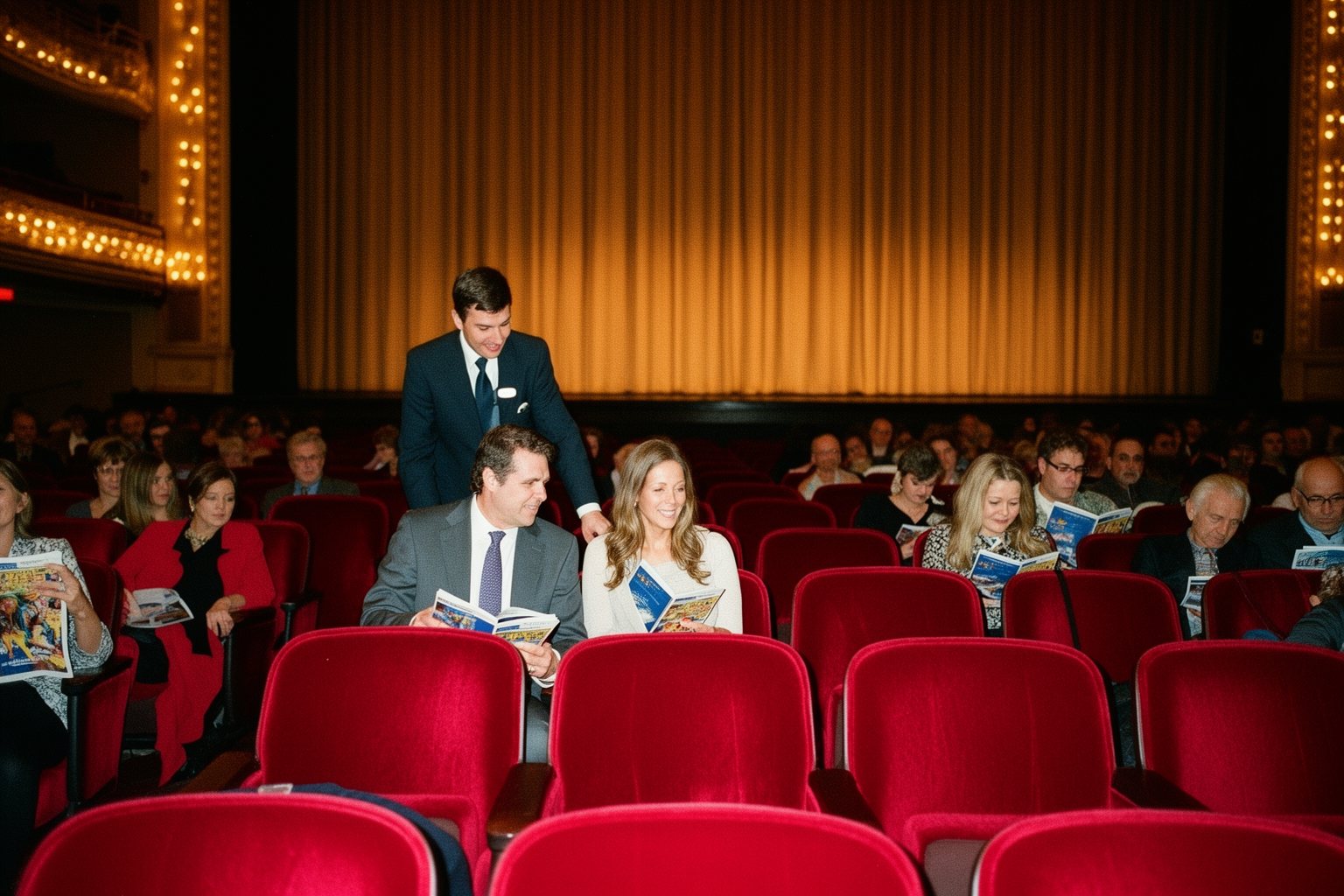 The Complete Guide to Las Vegas Shows Usher guiding guests to plush red seats in a Las Vegas theatre before the performance