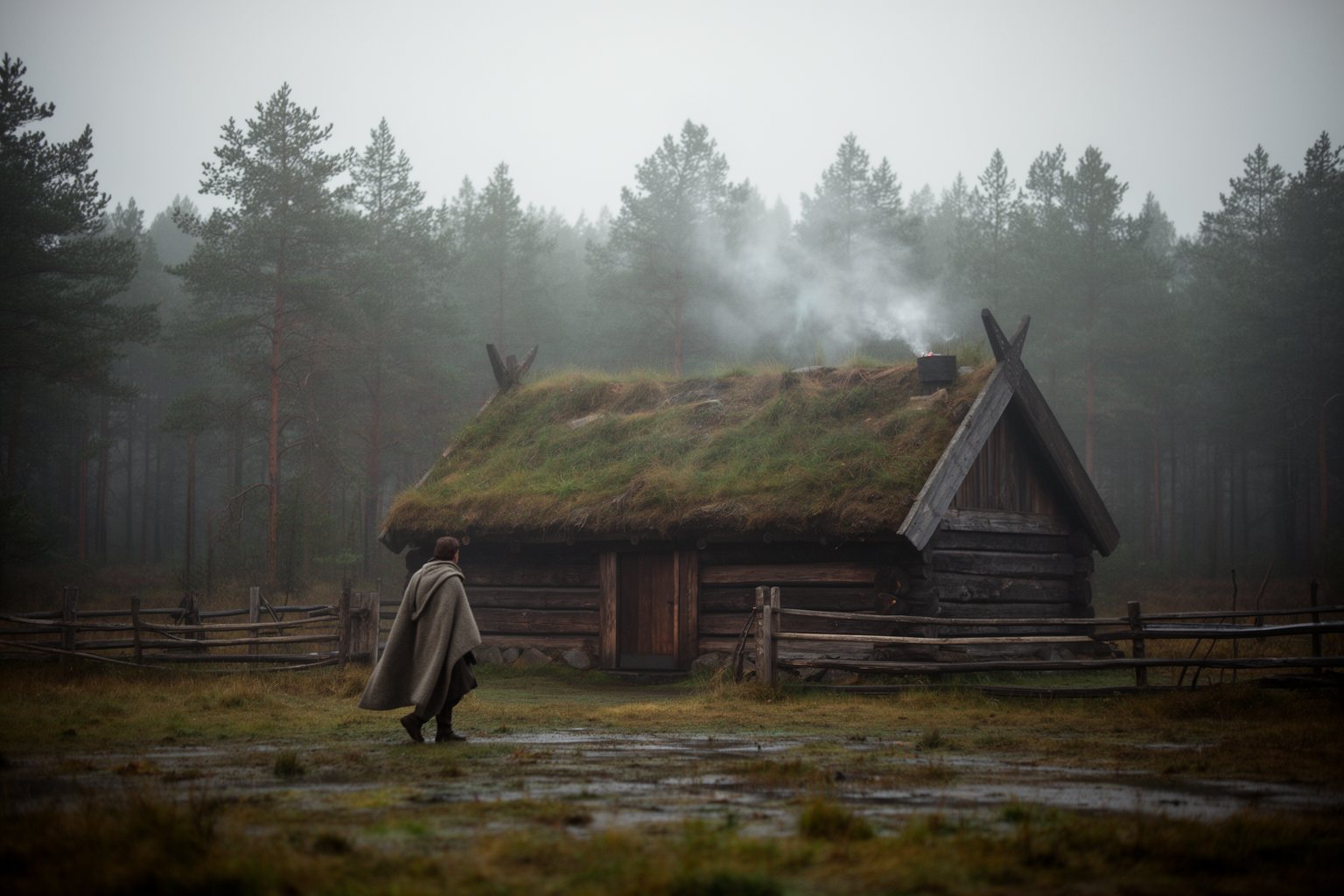 Reconstructed Viking longhouse in a misty Nordic forest, the setting of a survival game