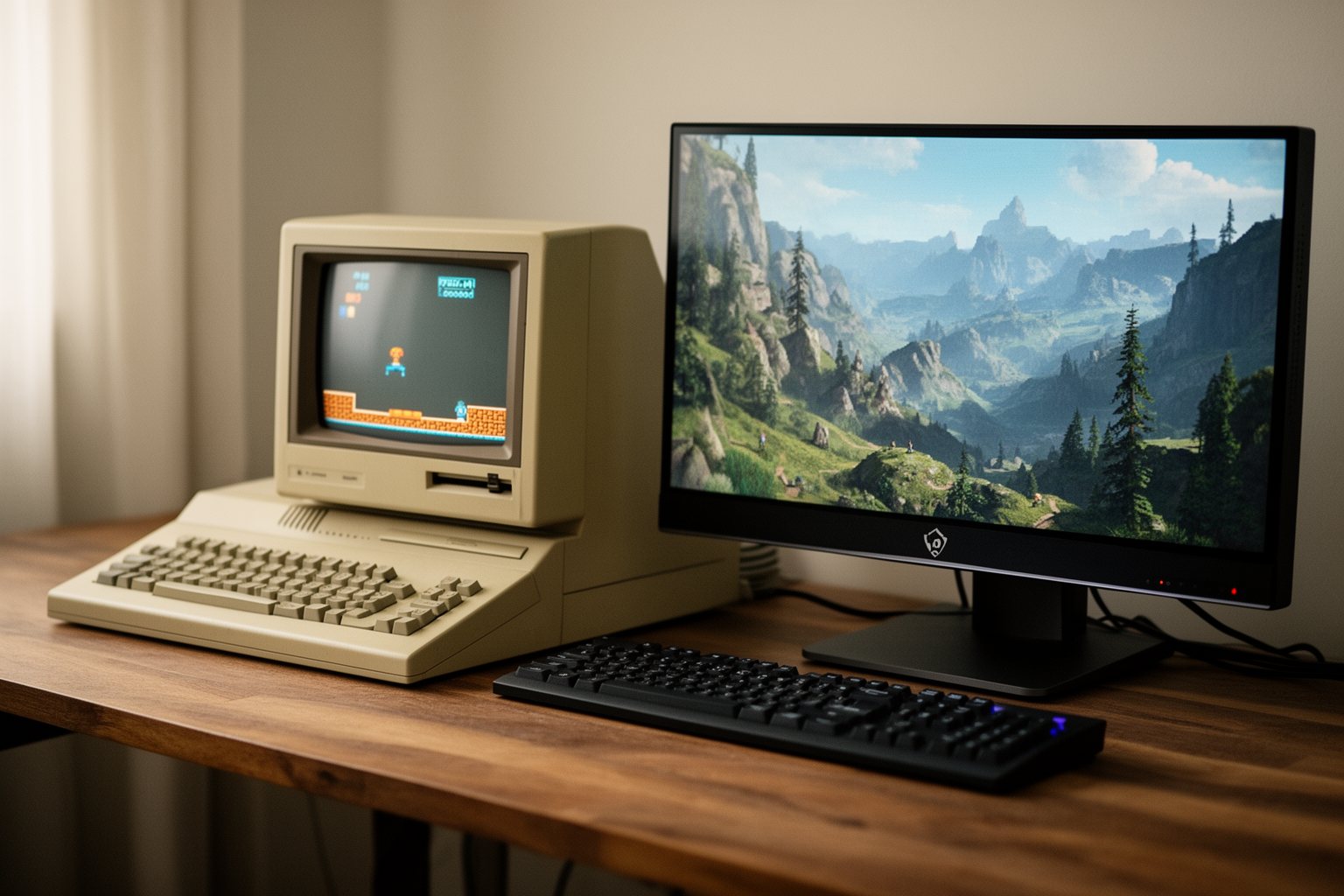 AI in PC Gaming: How It Powers Realistic Game Worlds Vintage beige PC with a CRT monitor beside a modern gaming PC, showing how PC games evolved