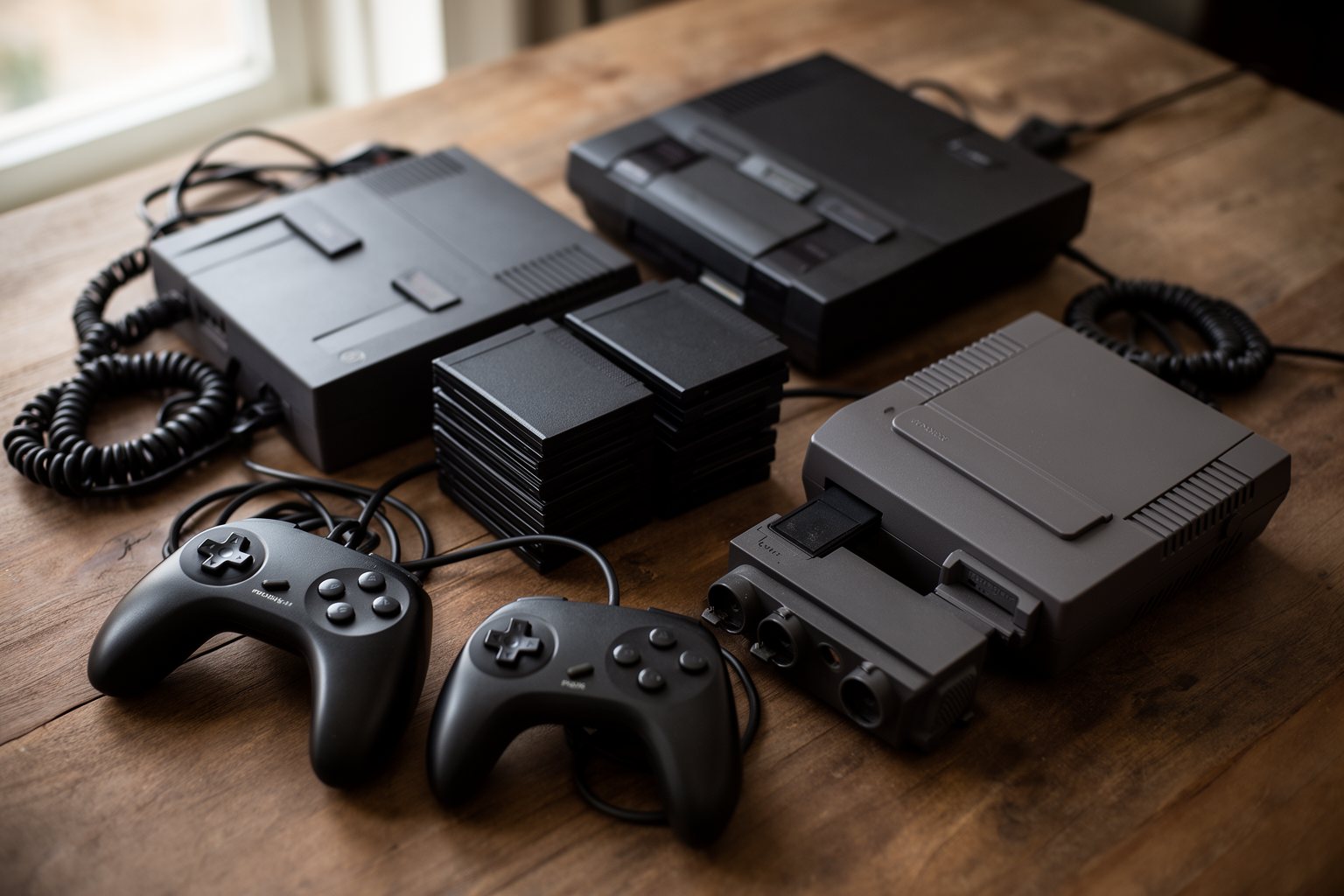Vintage game consoles, controllers and cartridges from the 80s and 90s laid out on a table