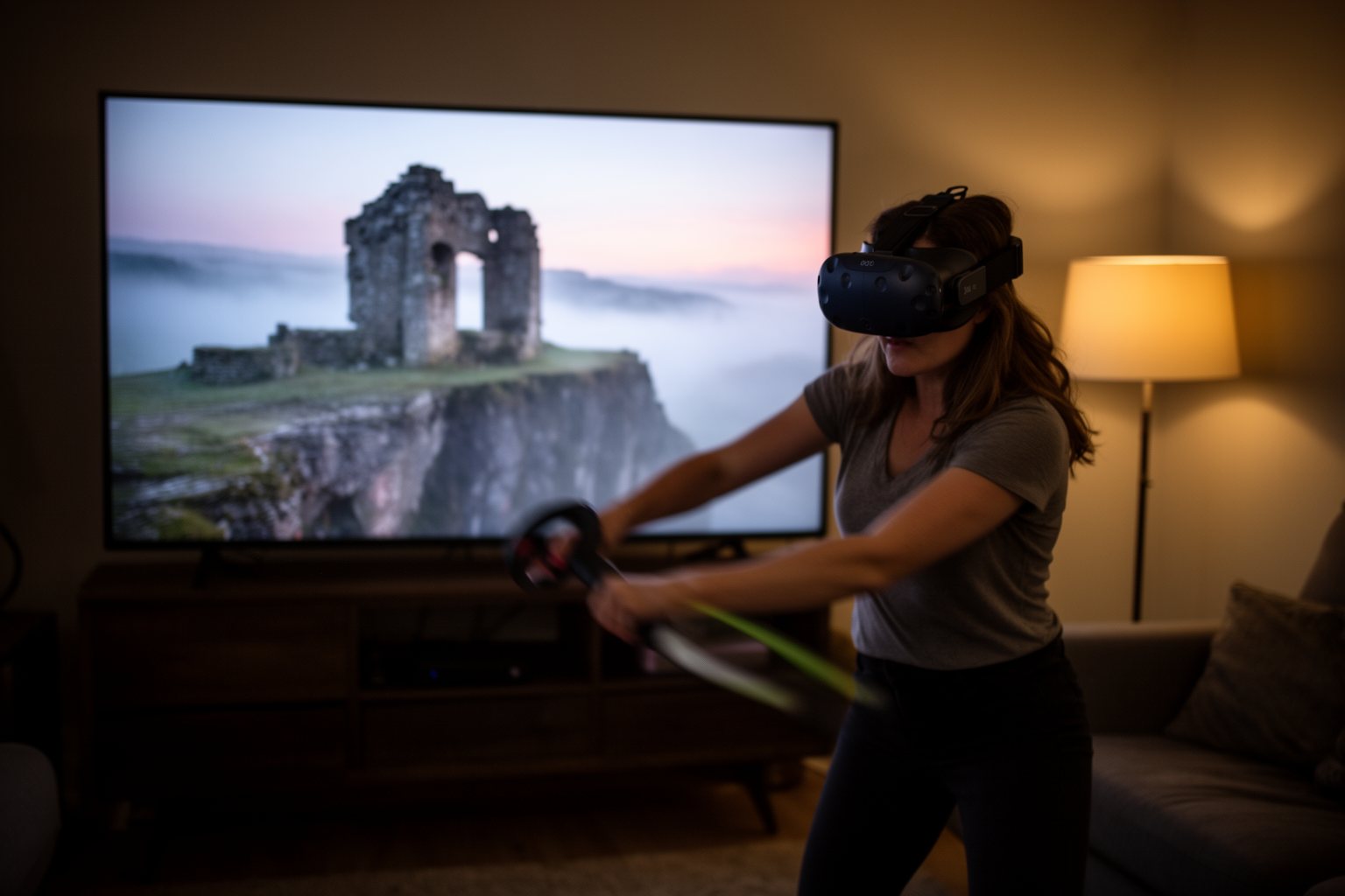 Delving Deep: The Hidden World of RPG Games Player in a VR headset swinging a controller like a sword in a fantasy role-playing game