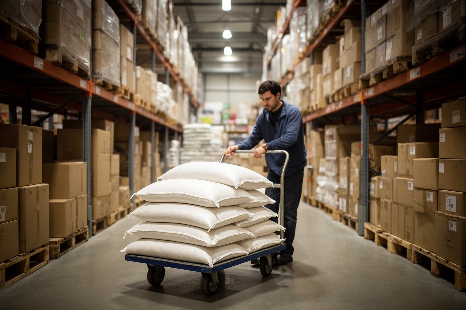 Shopper loading bulk packs of rice and pantry staples onto a flatbed cart in a warehouse store
