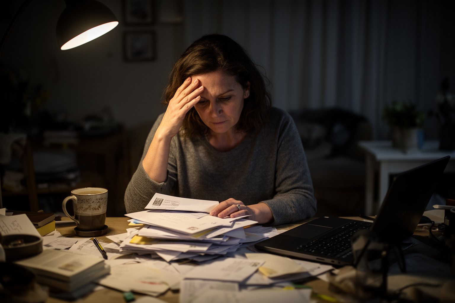 Shattering 5 Finance Myths You've Believed Since Your 40s Anxious woman hesitating over a pile of unopened bills at her desk