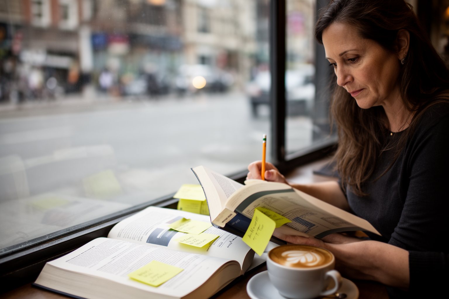 Shattering 5 Finance Myths You've Believed Since Your 40s Woman in her forties reading a personal finance book in a cafe