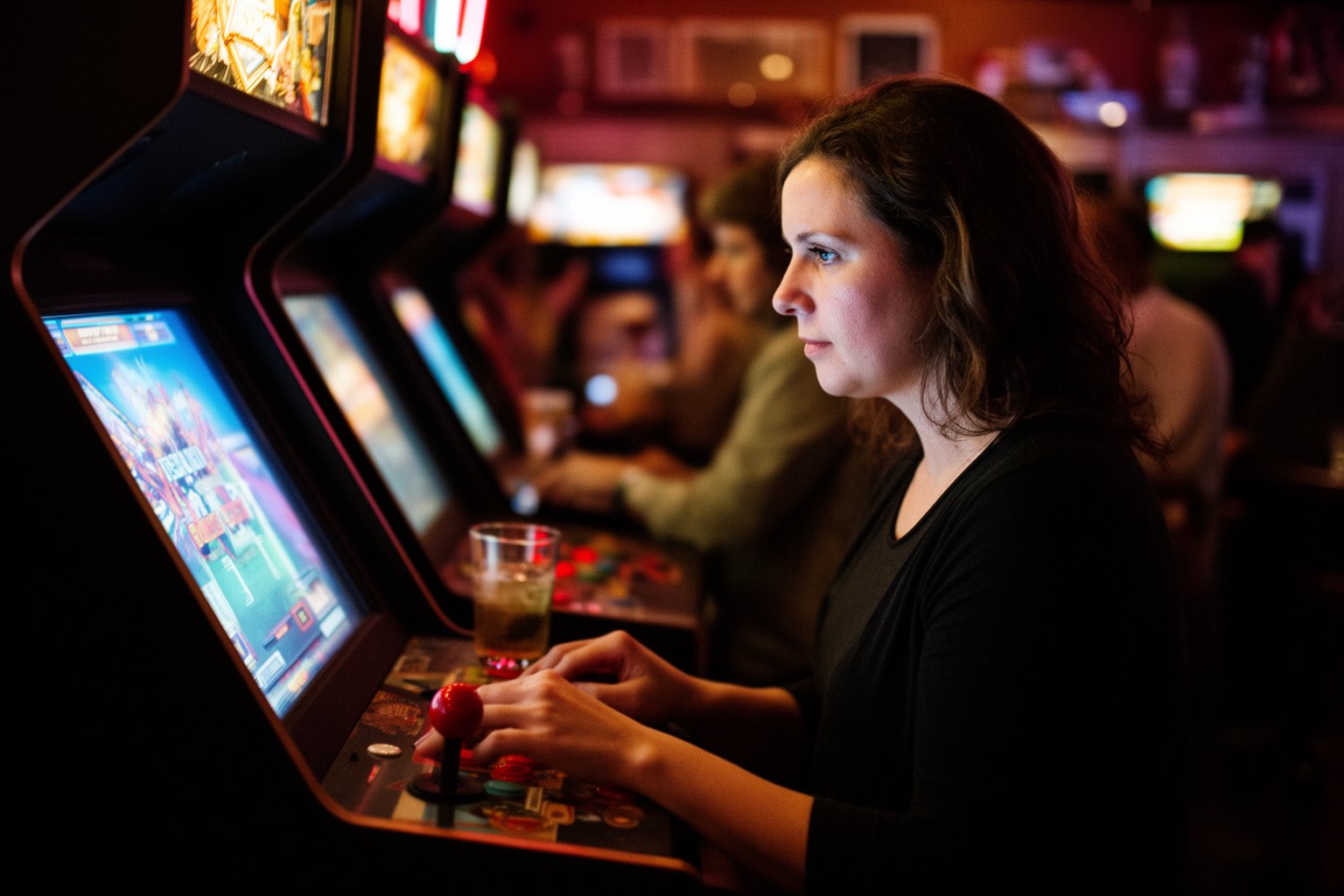 Woman playing a glowing arcade cabinet in a dim retro arcade bar
