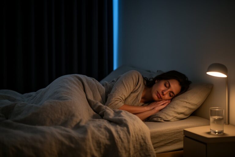 Hacking Your Sleep For A Restful Night Woman sleeping peacefully in a calm, dim bedroom with linen bedding