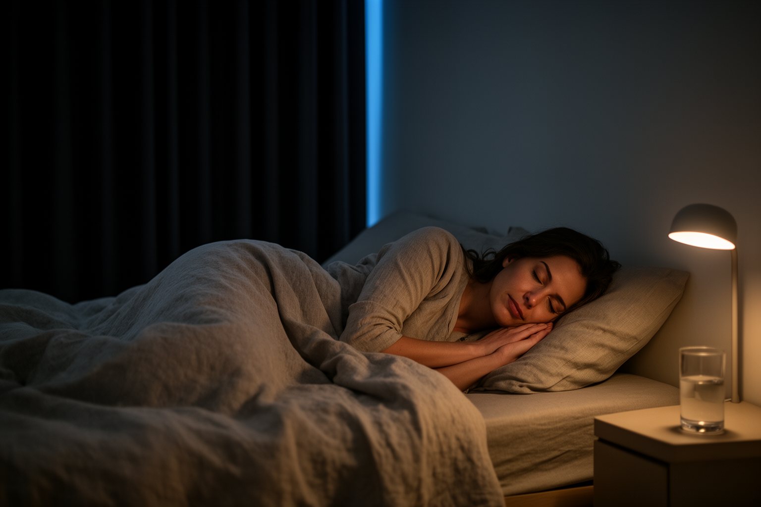 Hacking Your Sleep For A Restful Night Woman sleeping peacefully in a calm, dim bedroom with linen bedding