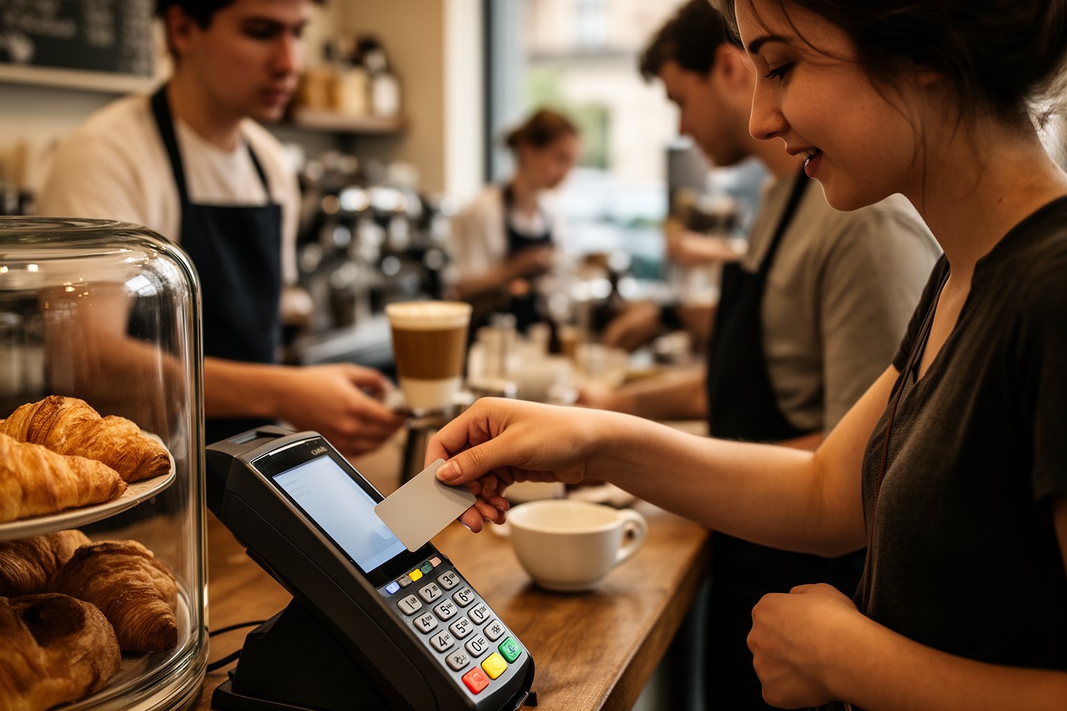 Money Lessons for Young Adults I'd Teach My Younger Self Young adult paying by card at a cafe counter, a reminder to use credit wisely