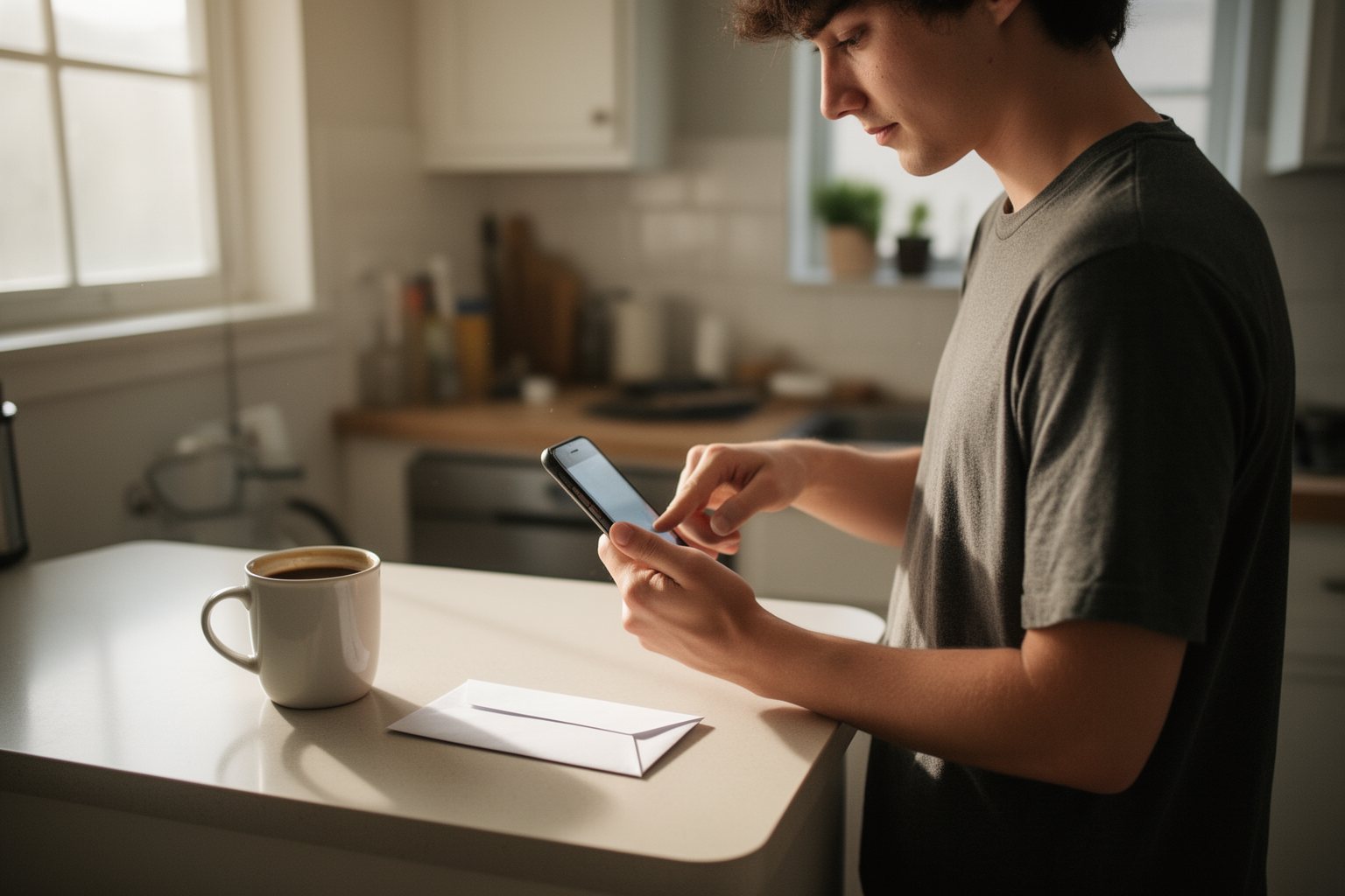 Credit Score vs GPA: Why Your Credit Matters More Young adult paying a bill on a phone at a kitchen counter to build credit history