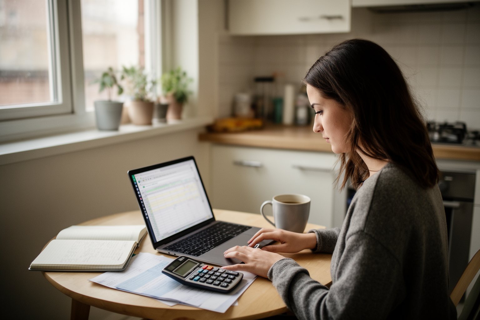 Money Lessons for Young Adults I'd Teach My Younger Self Young adult planning a budget with a laptop and notebook at a kitchen table, learning money lessons