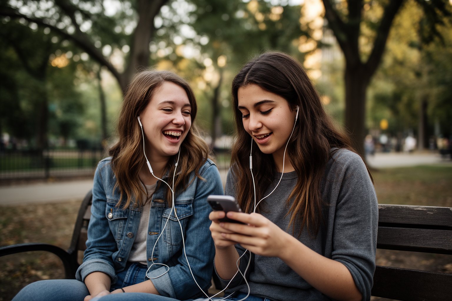 Raising Teenage Twins: The Teen Years and Beyond Young adult twin sisters sitting on a bench sharing earbuds