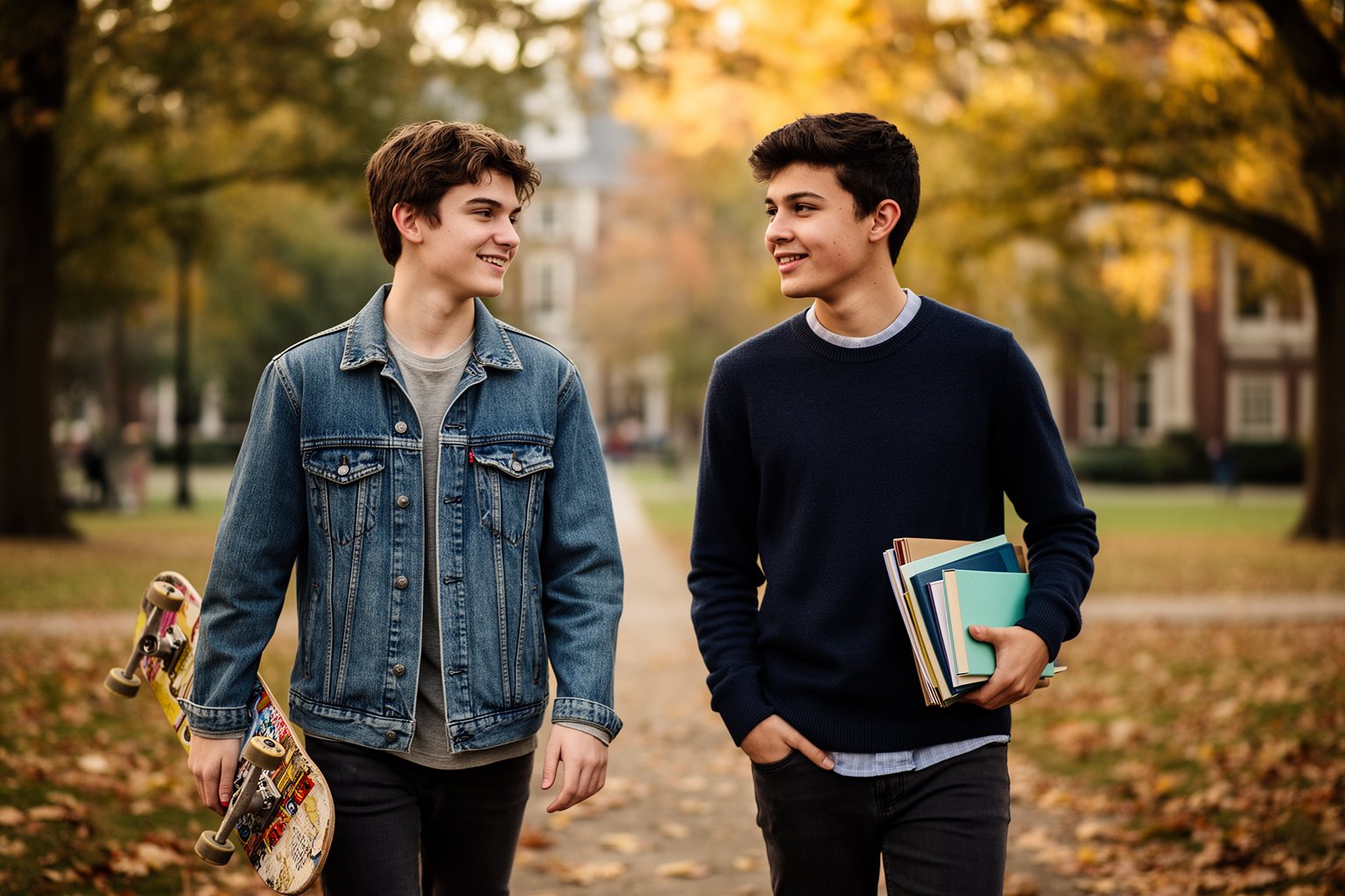 Raising Teenage Twins: The Teen Years and Beyond Young adult twin brothers walking across a college campus, each with his own style