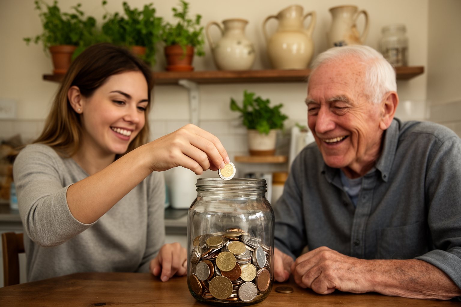 Money Advice for Your 20s: What I Wish I Knew Young woman and her grandfather dropping coins into a savings jar, the value of starting early