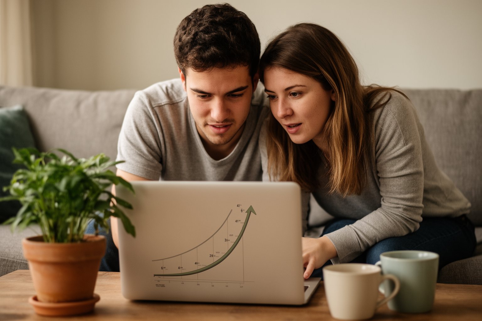 Money Lessons for Young Adults I'd Teach My Younger Self Young couple on a sofa looking at long-term investment growth on a laptop
