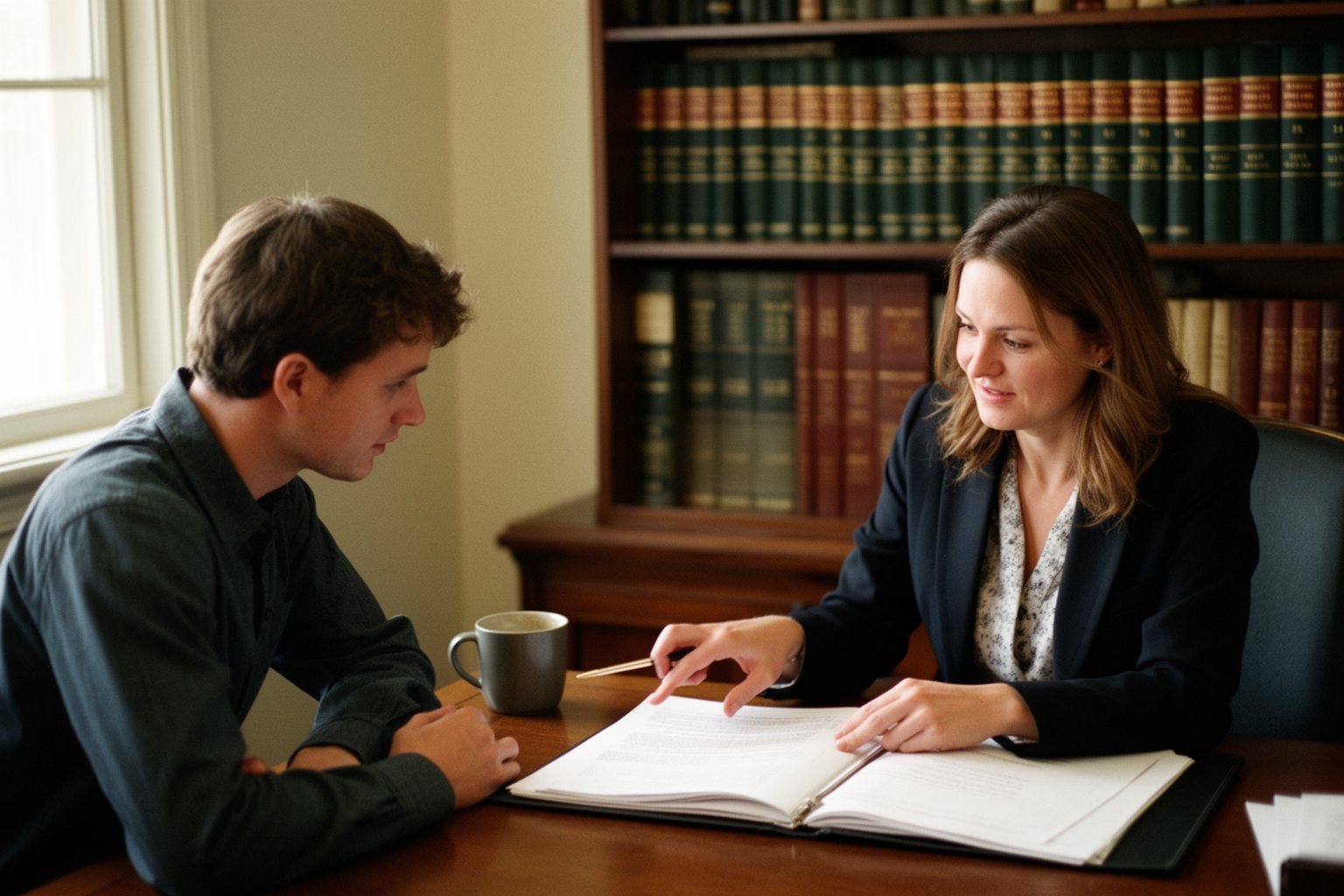 Young couple meeting an estate planning attorney in a modest office