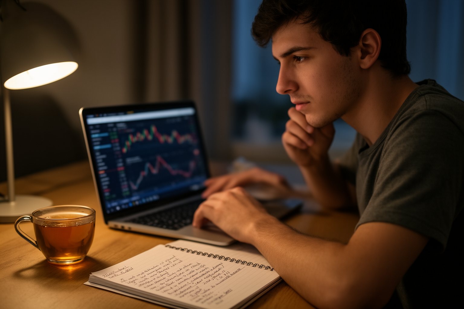 Money Lessons for Young Adults I'd Teach My Younger Self Young investor reviewing a mix of investments on a laptop with handwritten notes