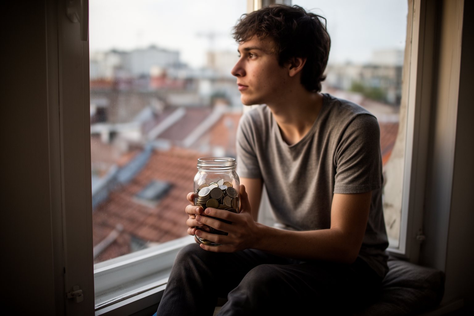 Money Lessons for Young Adults I'd Teach My Younger Self Young man sitting by a window holding a jar of coins, thinking about his finances