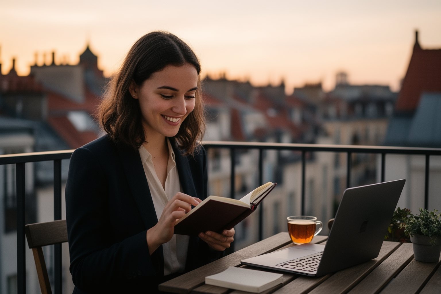 Money Lessons for Young Adults I'd Teach My Younger Self Young professional closing a finance notebook on an apartment balcony at sunset, feeling secure