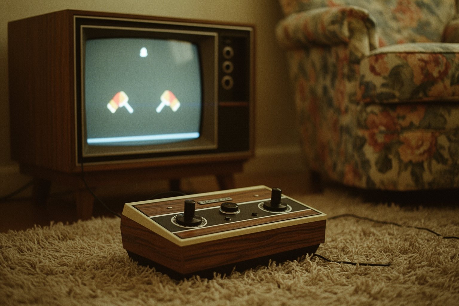 Early 1970s home console with a simple tennis game on a wood-cabinet television