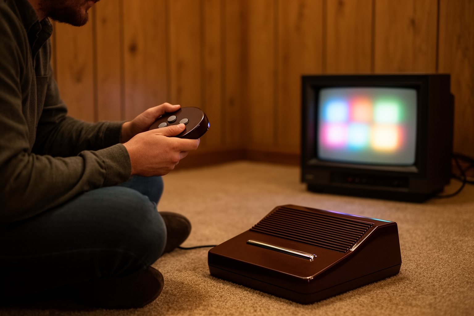 Adult retro collector playing an 8-bit console on a CRT television in a 1980s-style room