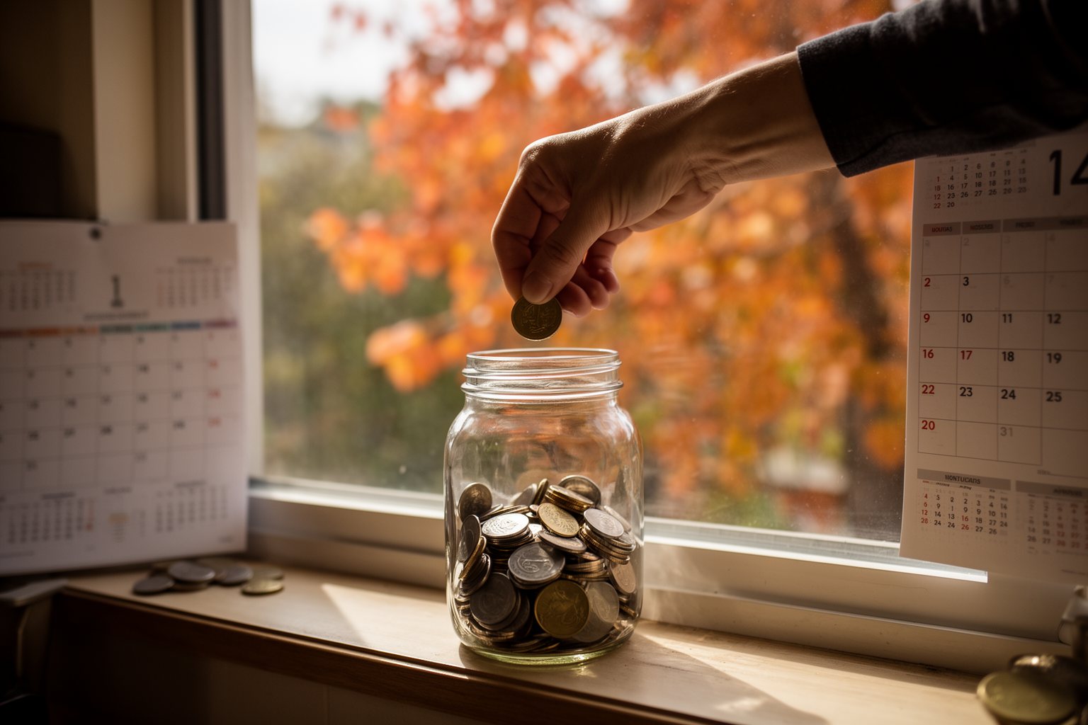 Adding coins to a holiday savings jar in an autumn kitchen