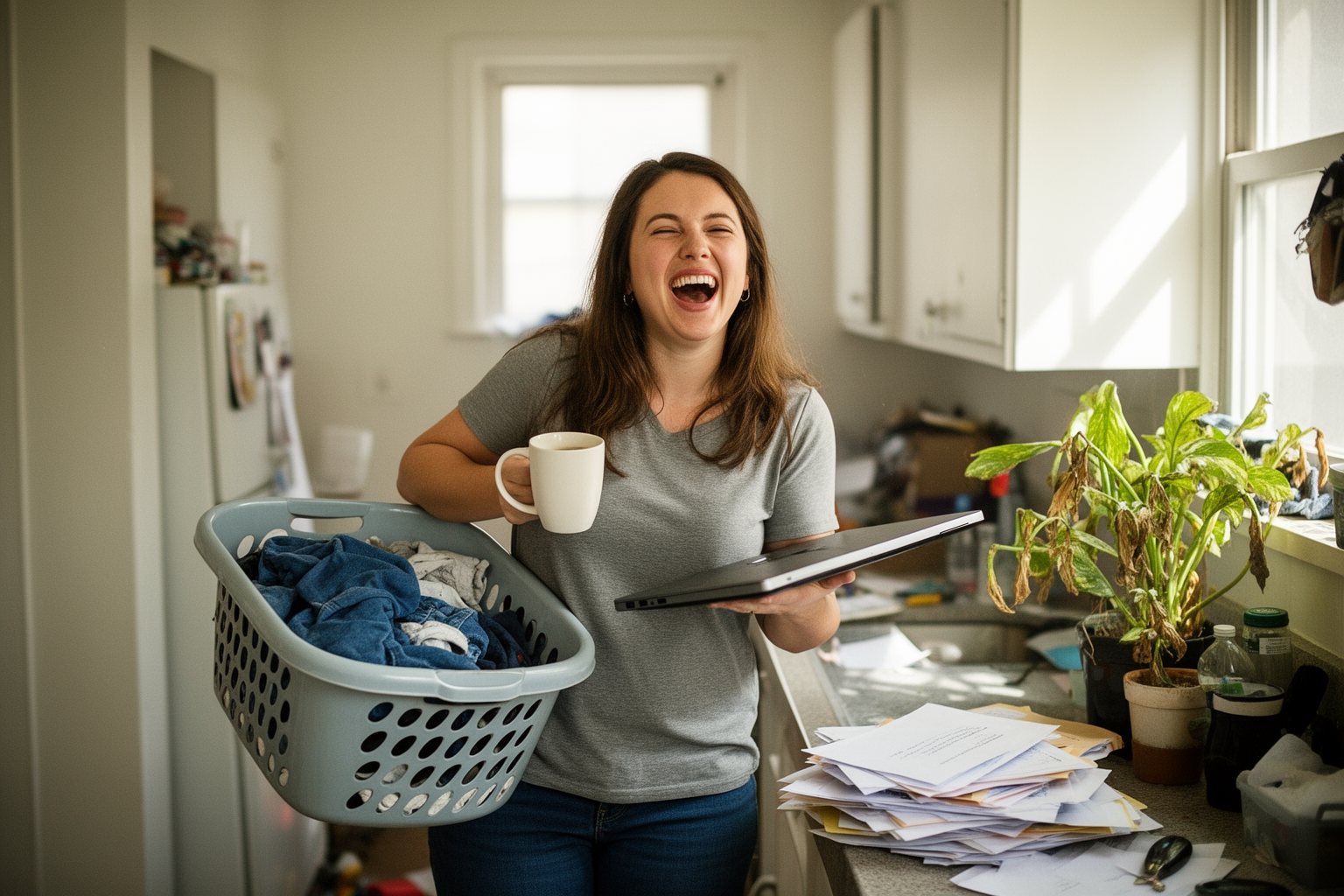 The Humorous Side of #Adulting: Welcome to the Real World Young woman laughing as she juggles laundry, a laptop and coffee in a messy flat