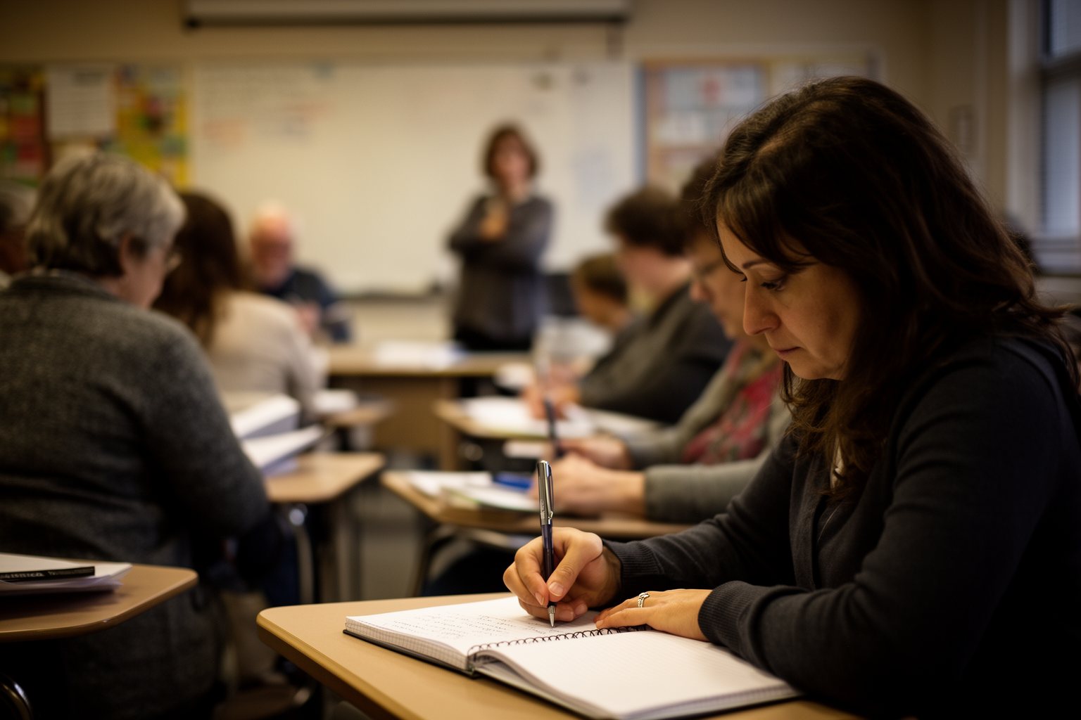 Adult learner taking notes in an evening class to focus on personal development